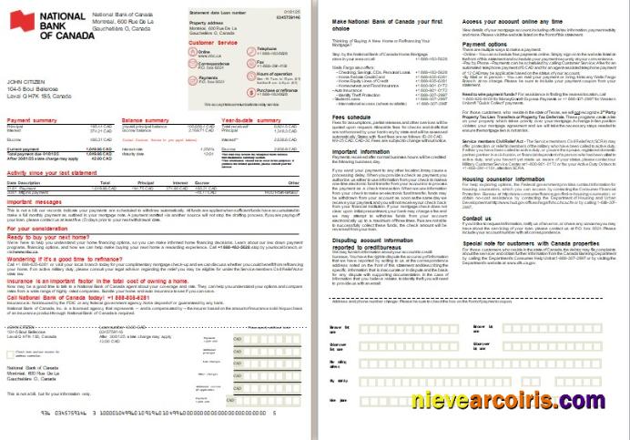 Canada National Bank of Canada bank mortgage statement, 2 pages, 1-2